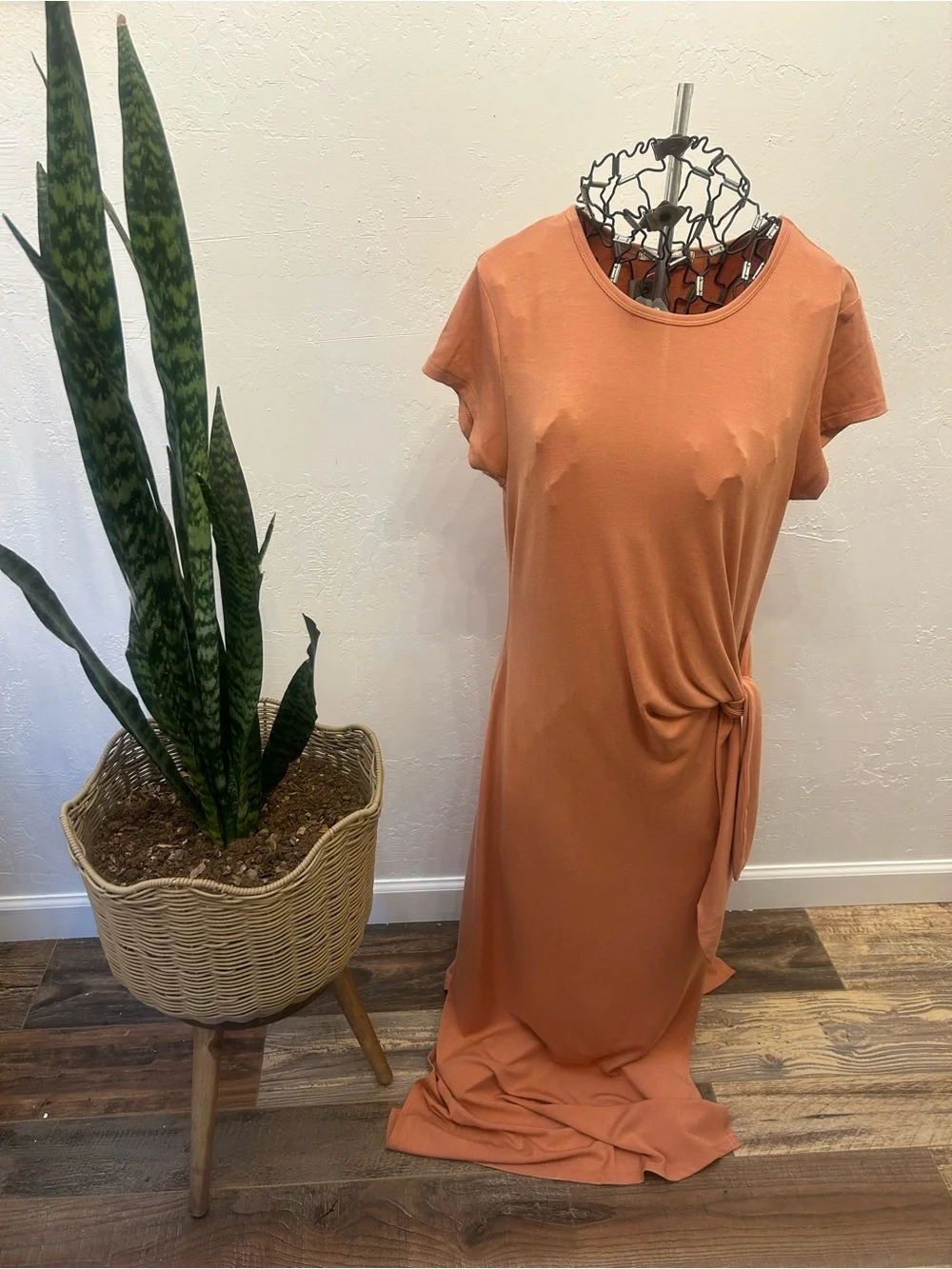 Be Cool Rust Tie Waist Midi Dress Side Slit Soft Stretch Large
